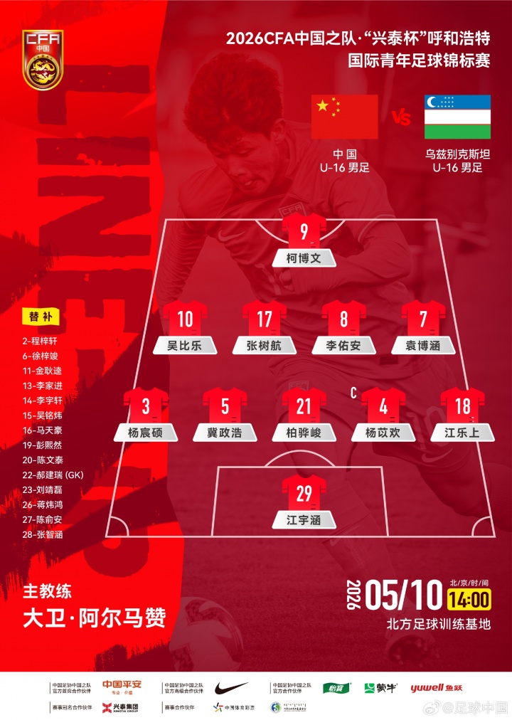 kaiyun-U16国足vs乌兹别克斯坦U16首发：国少排出541阵型，柯博文单箭头